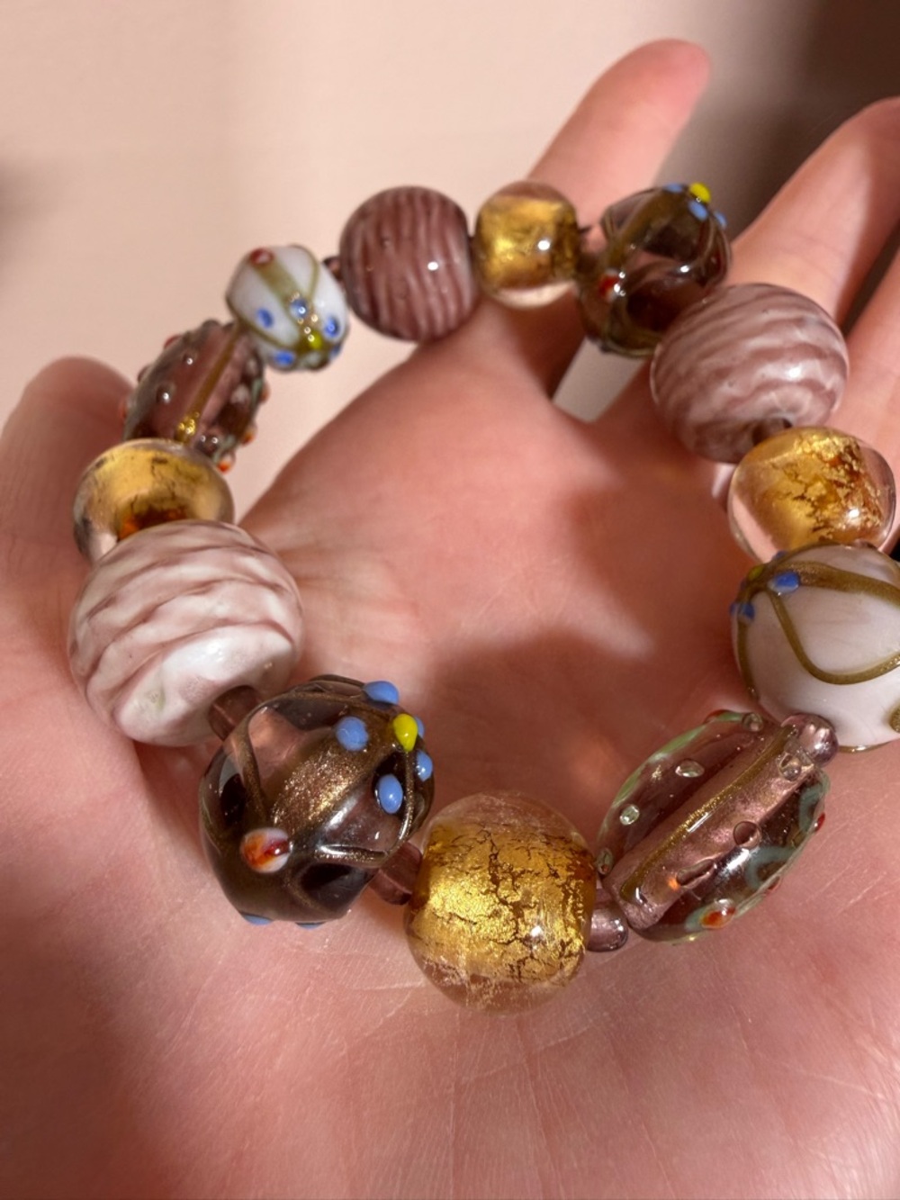 Murano Glass Gold Mauve wedding cake Oversized vintage beaded Bracelet